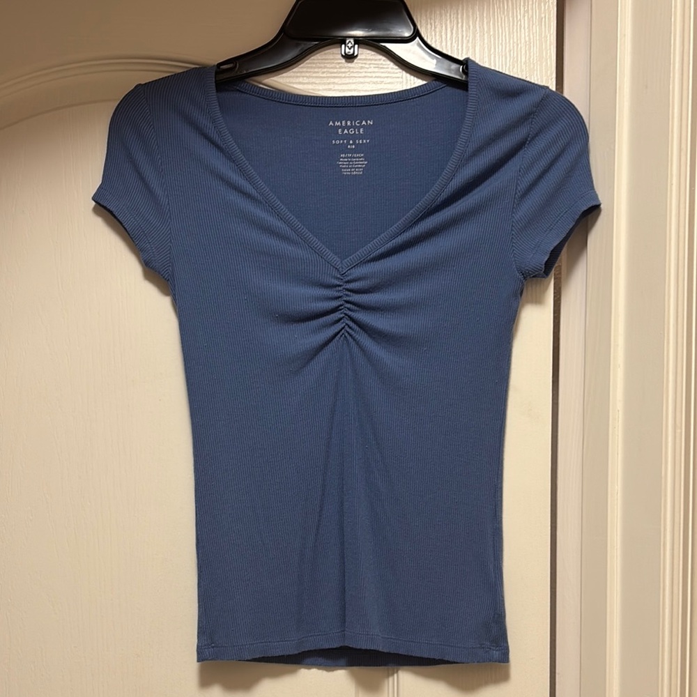 American Eagle Outfitters Blue Fitted Cap Sleeve Blouse